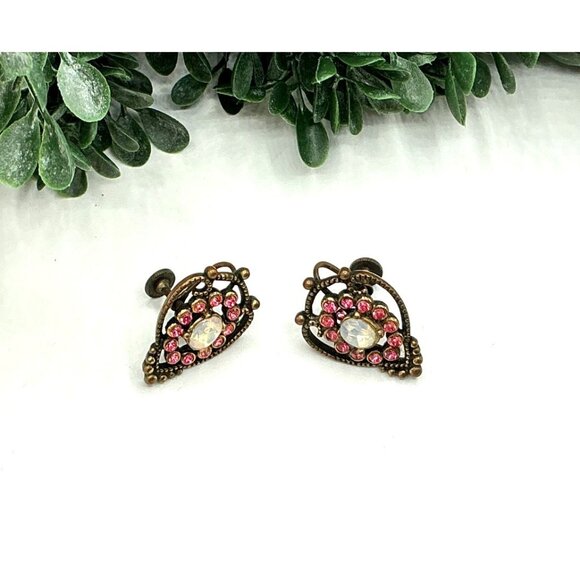 Vintage Inspired Opal and Pink Rhinestone Antique Bronze Screw back Earrings - Picture 3 of 8